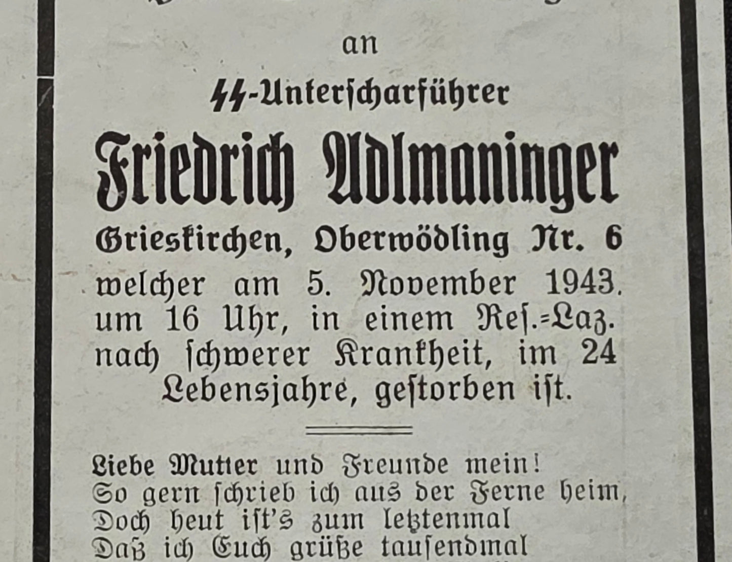 Sterbebild SS-Unterscharführer Grieskirchen SS-Totenkopfstandarte 20 Lazaretttod - www.mmilitaria.com