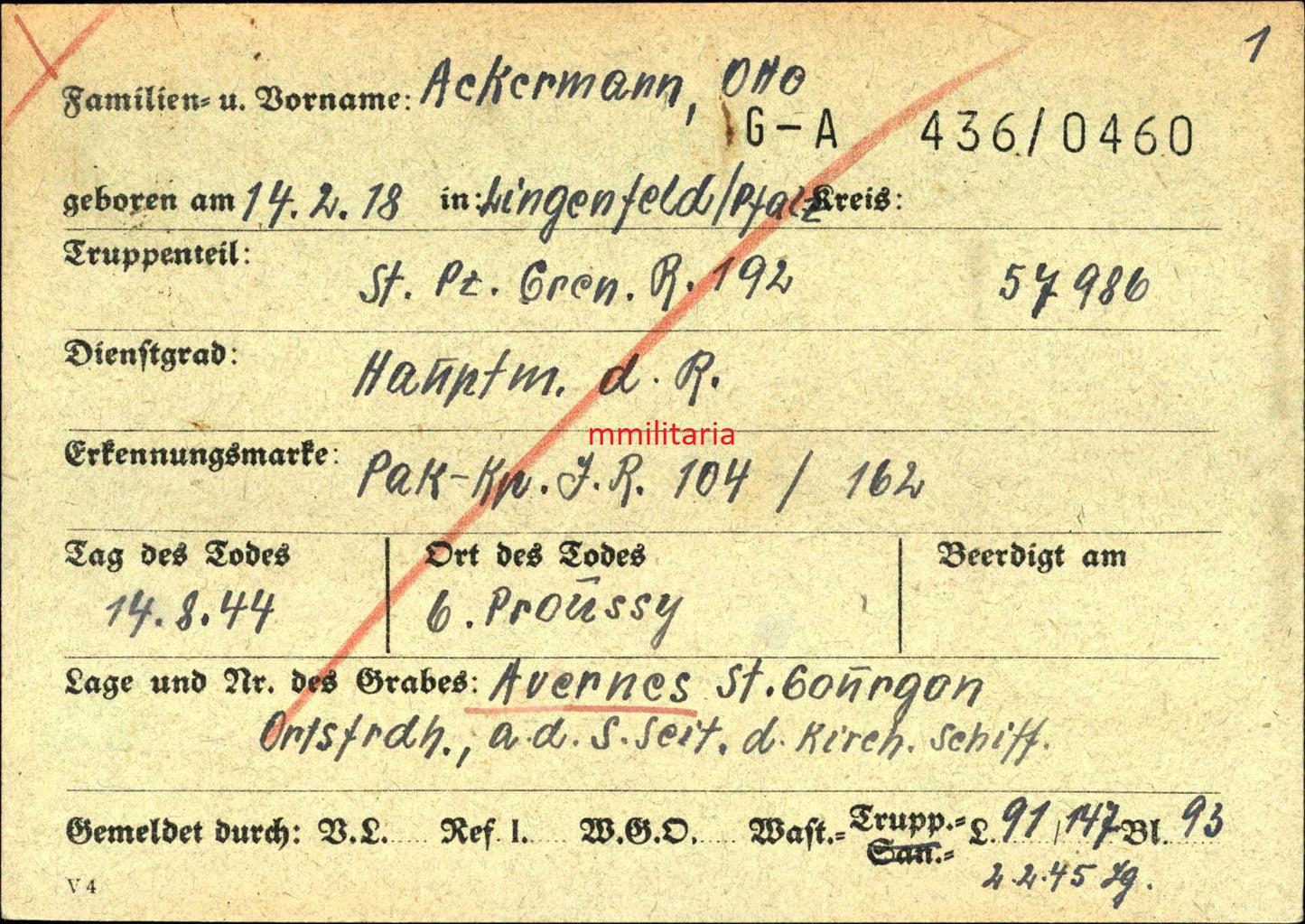 Sterbebild Hauptmann Lingenfeld Stab Pz.-Gren. Regt. 192 Proussy Avernes-Saint-Gourgon Normandie Frankreich