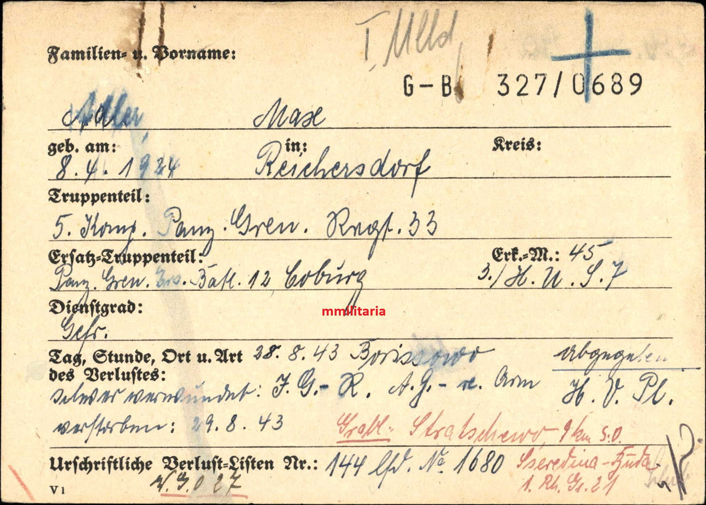 Sterbebild Gefreiter OA Reichersdorf 5. Komp. Panzer Gren. Regt. 33 Stratschewo Russland