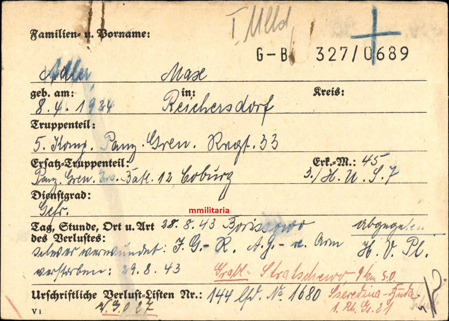 Sterbebild Gefreiter Reichersdorf 5. Komp. Panzer-Gren. Regt. 33 Borissowo Russland