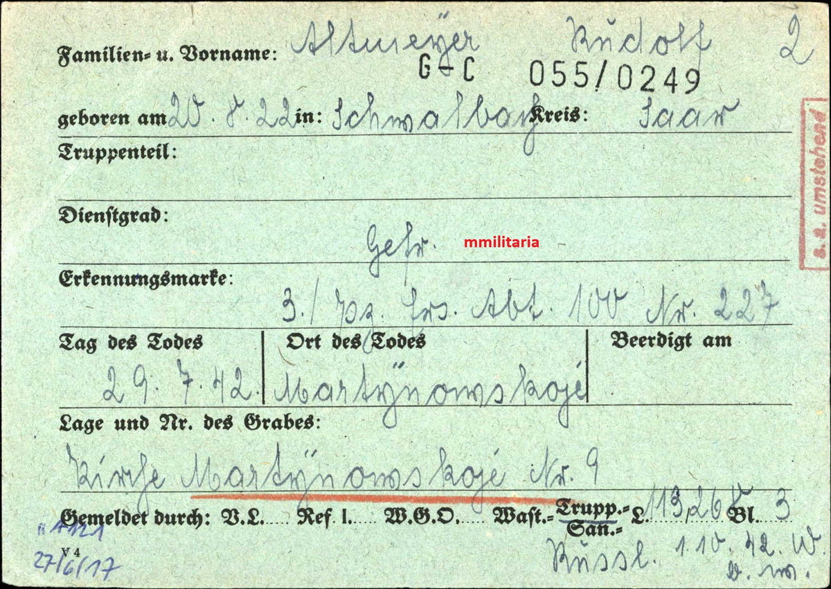 Sterbebild Gefreiter Schwalbach Panzer Regt. Martinowskoje Russland