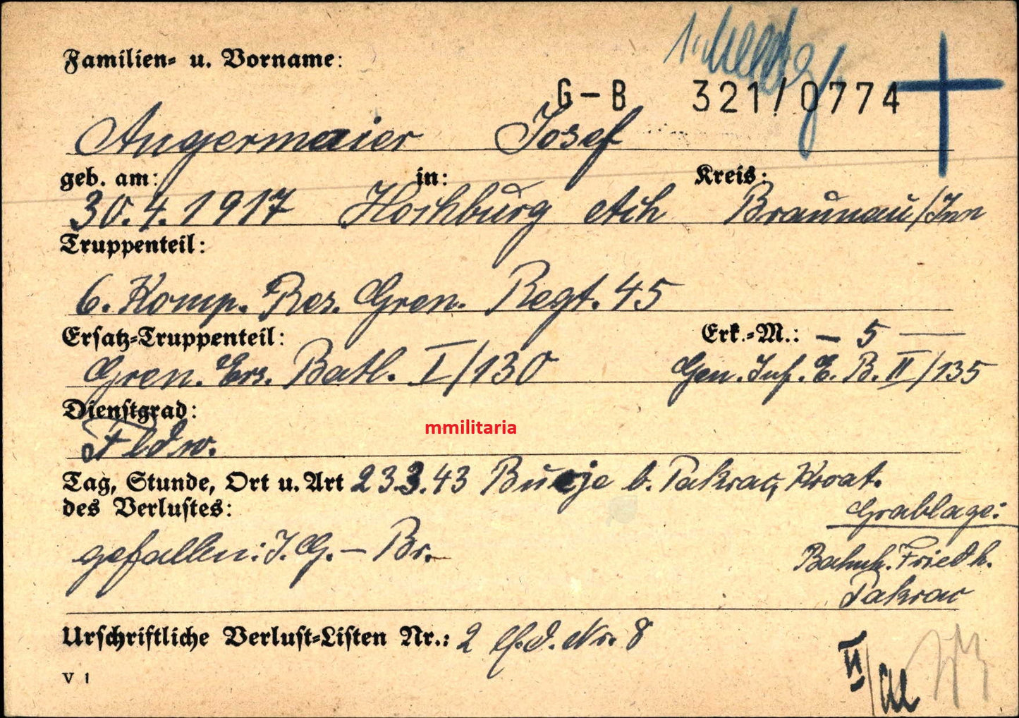 Sterbebild Feldwebel Hochburg 6. Komp. Res. Gren. Regt. 45 Kroatien