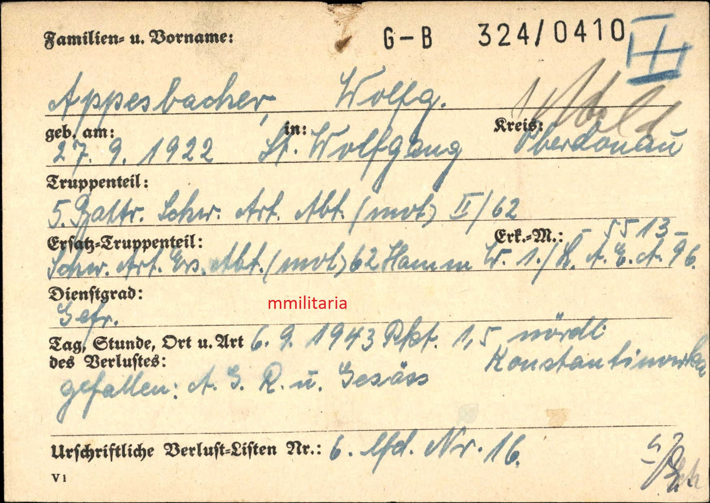 Sterbebild Gefreiter St. Wolfgang 5. Batterie Schwere Art. Abt. (Mot) II/62 Poltawa Ukraine