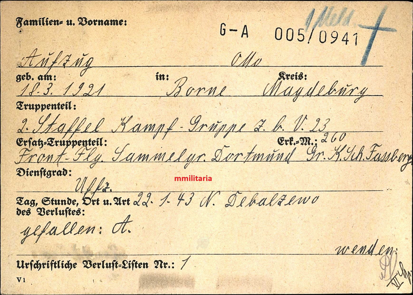 Sterbebild Unteroffizier Borne 2. Staffel Kampf-Gruppe Z.B.V 23 Debalzewo Ukraine