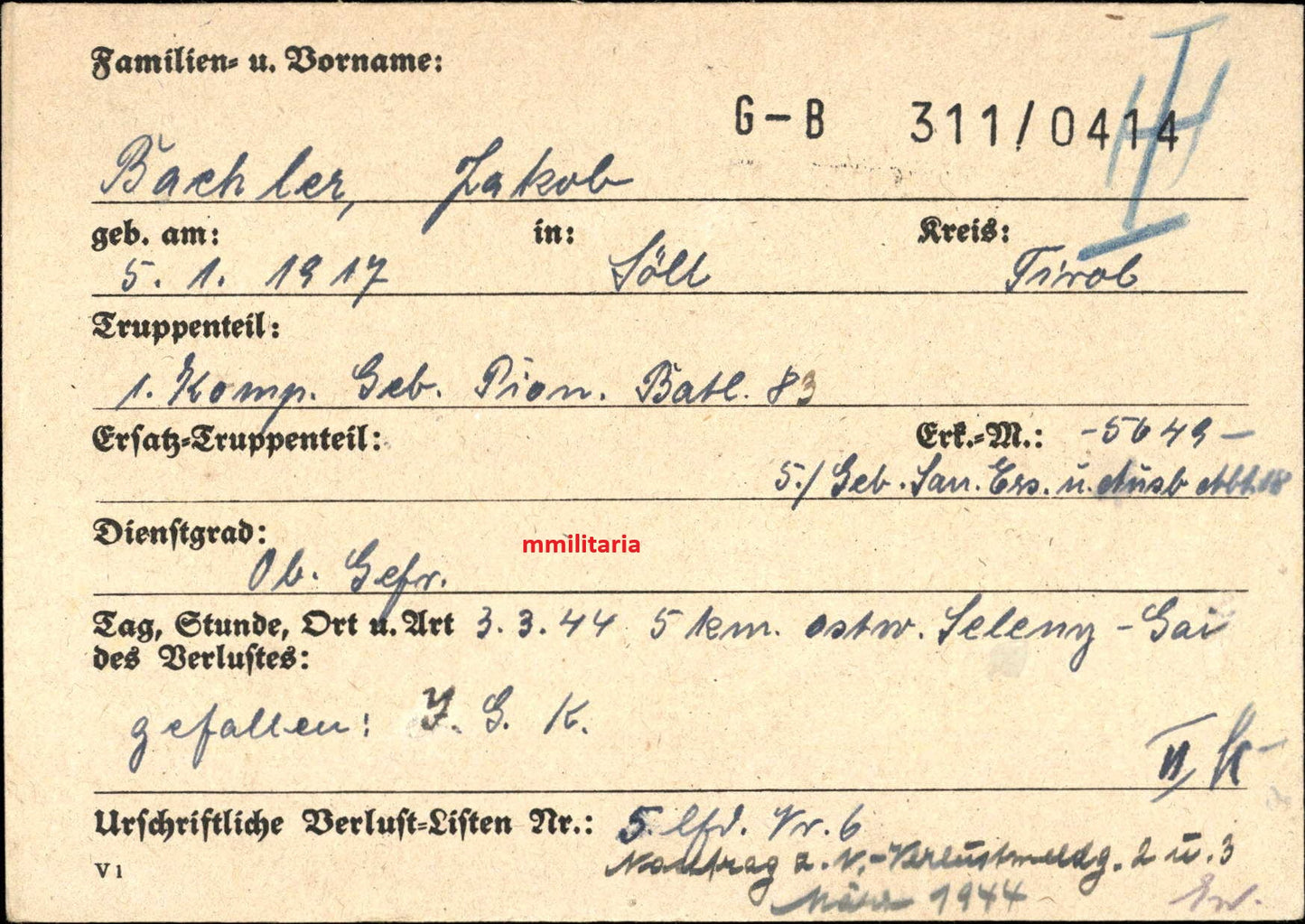 Sterbebild Sanitäts-Obergefreiter Söll 1. Komp. Gebirgs-Pionier Btl. 83 Kriwoj Rog Ukraine