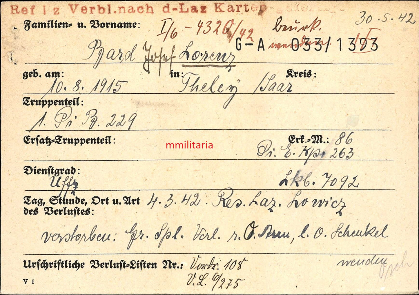 Sterbebild Unteroffizier Theley/Saar 1. Pionier Btl. 229 Krgslaz. Łowicz Pulawy Polen