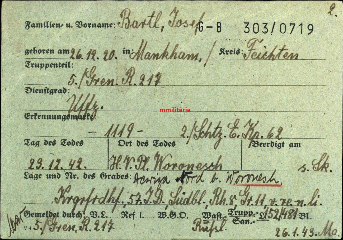 Sterbebild Unteroffizier Mankham 5. Gren. Regt. 217 Woronesch Russland
