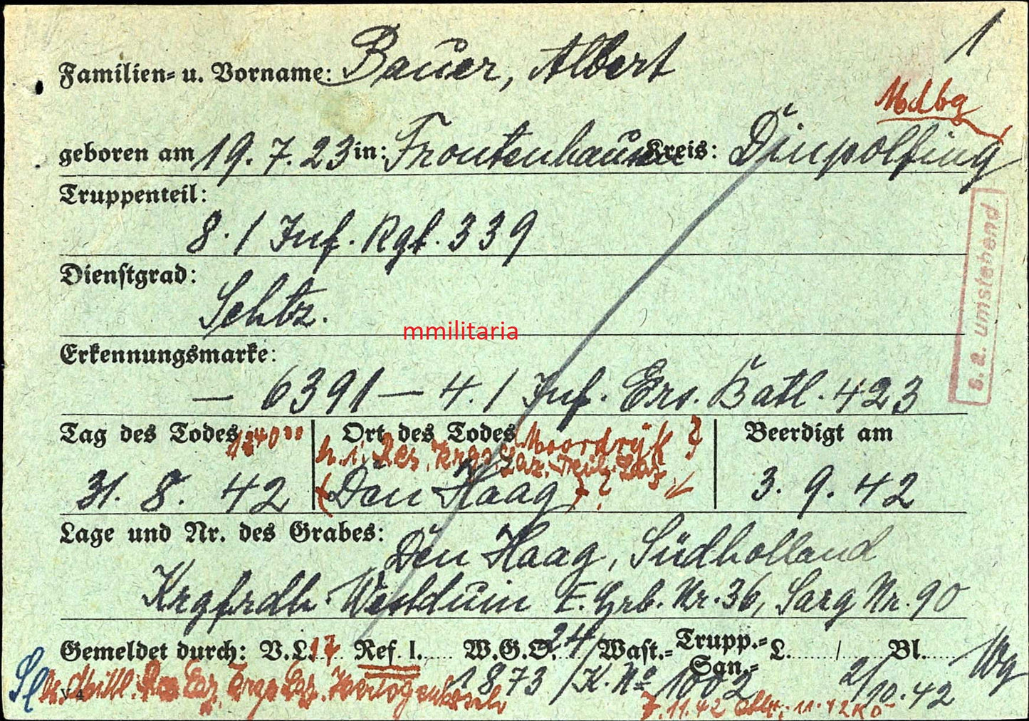 Sterbebild Schütze Frontenhausen 8. Inf. Regt. 339 Moordryk Den Haag Holland