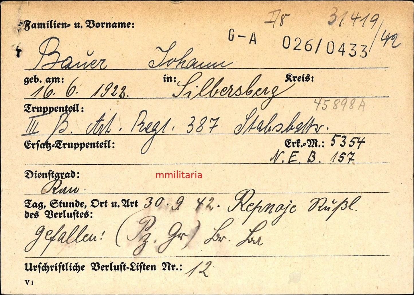 Sterbebild Kanonier III. Batterie Art. Regt. 387 Repnoje Woronesch Russland