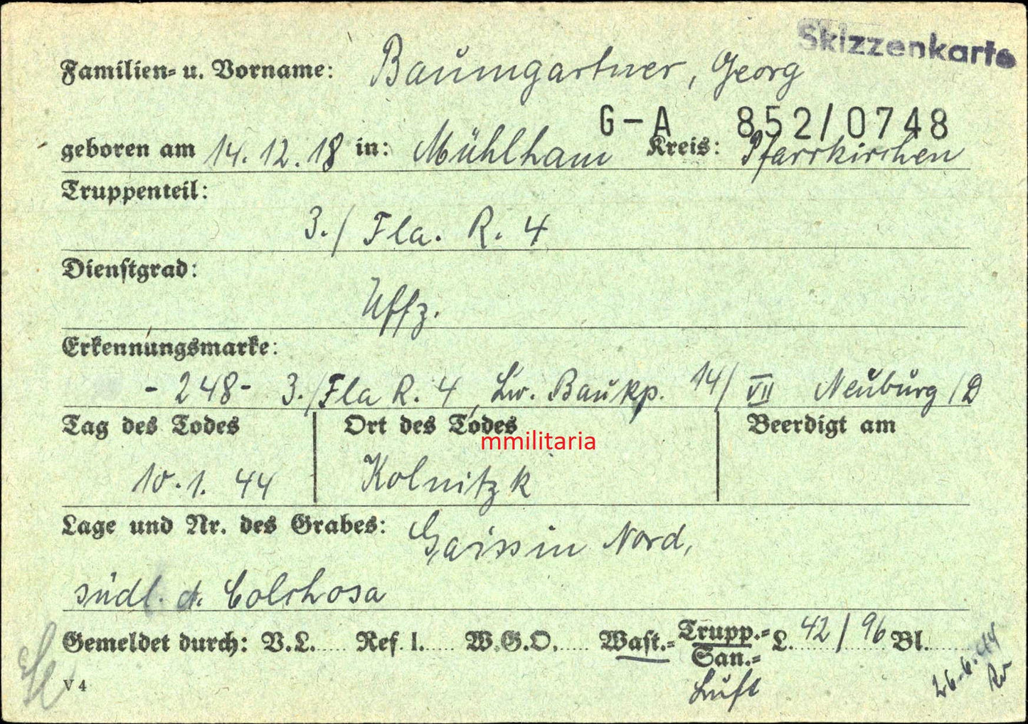 Sterbebild Unteroffizier Mühlham Truppführer 3. Flak-Regt. 4 Kolnityk Ukraine