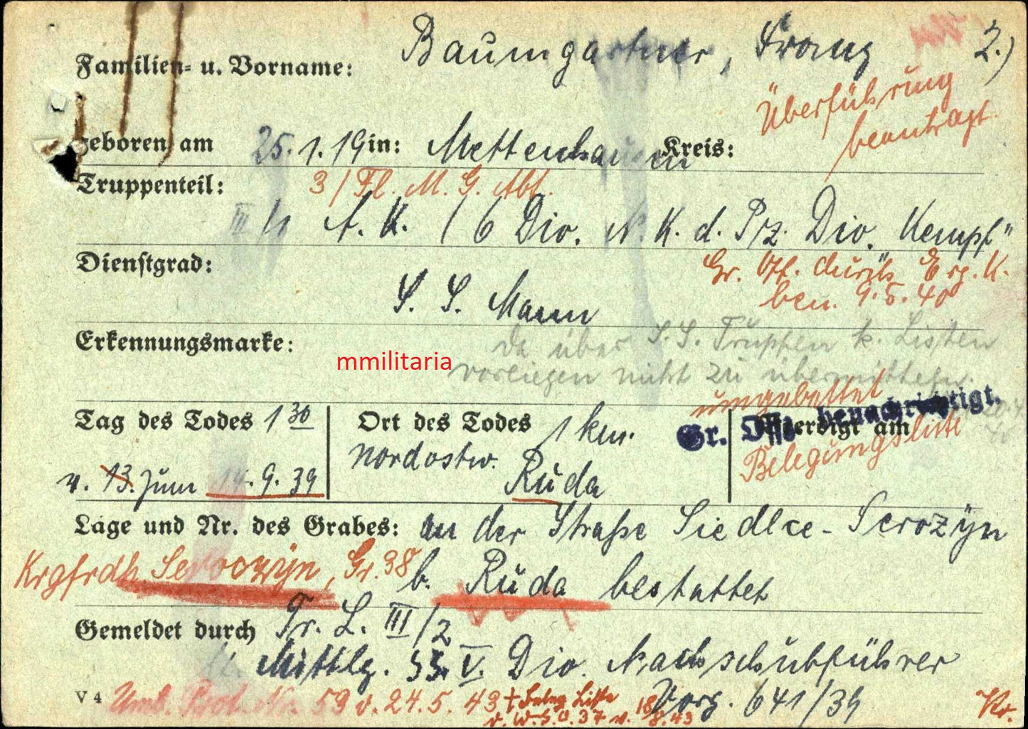 Sterbebild SS-Mann Mettenhausen 3. Maschinengewehr Abt. III Pz.-Division "Kempf" Standarte Deutschland Ruda Polen 1939