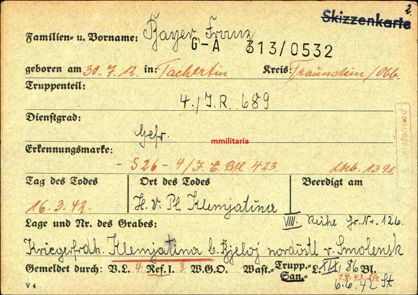 Sterbebild Gefreiter Tachertling 4. Inf. Regt. 689 Klemjatina Rshew Russland