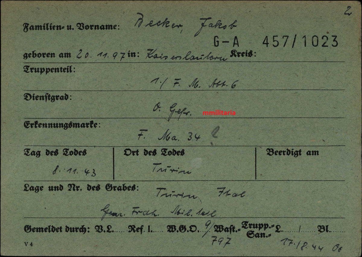 Sterbebild Obergefreiter Kaiserslautern WK I Veteran 1. FM Abt. 6 Turin Italien