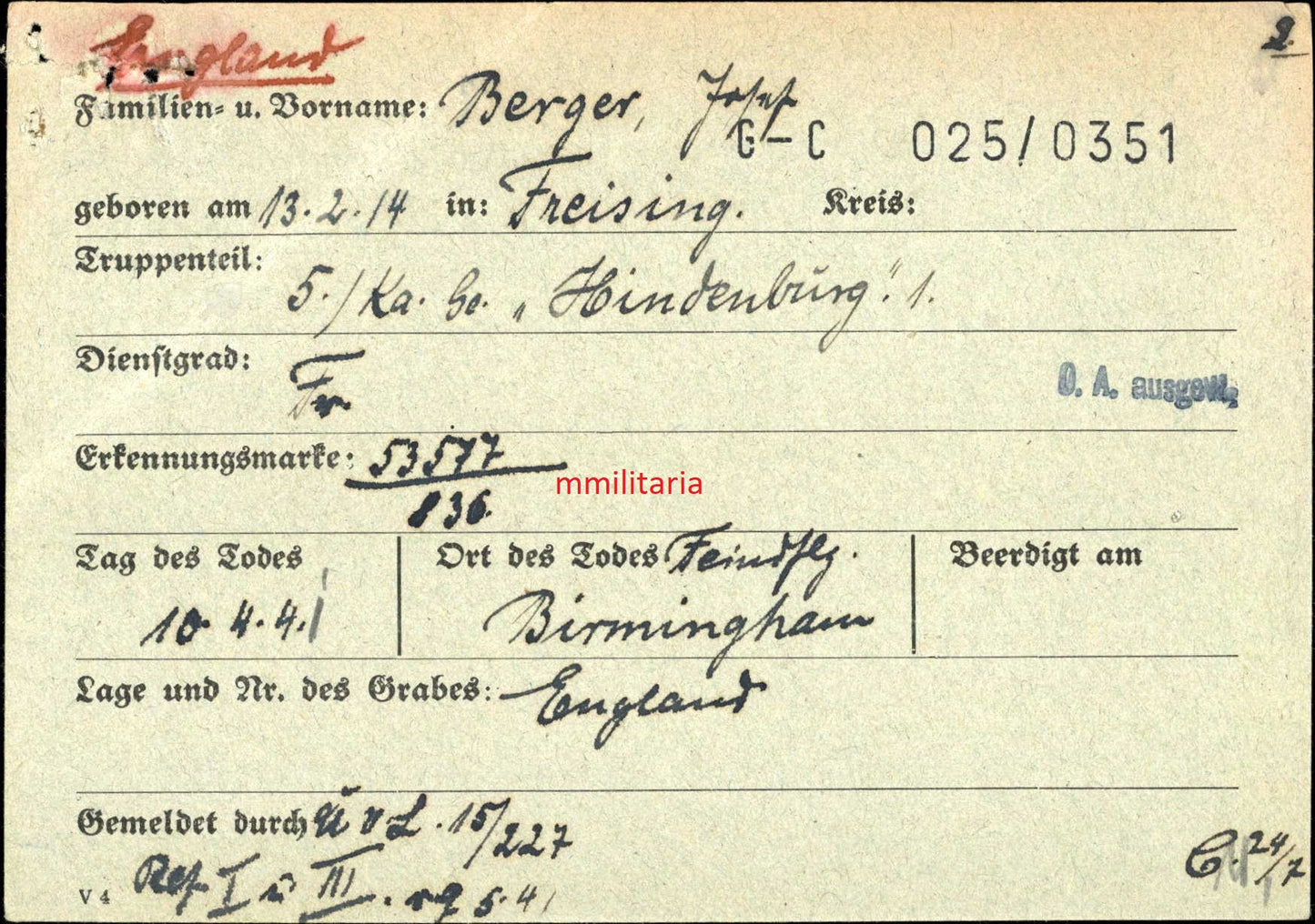 Sterbebild + Foto Feldwebel Freising 5/KG-1 "Hindenburg" JU-88 Feindflug Birmingham Bicester England