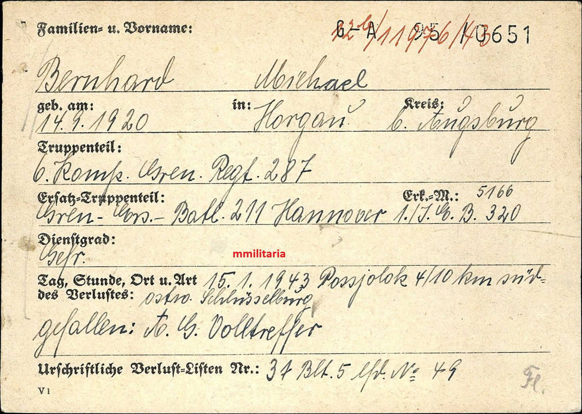 Sterbebild Gefreiter Horgau 6. Komp. Gren. Regt. 287 Possjolok Ladogasee Russland