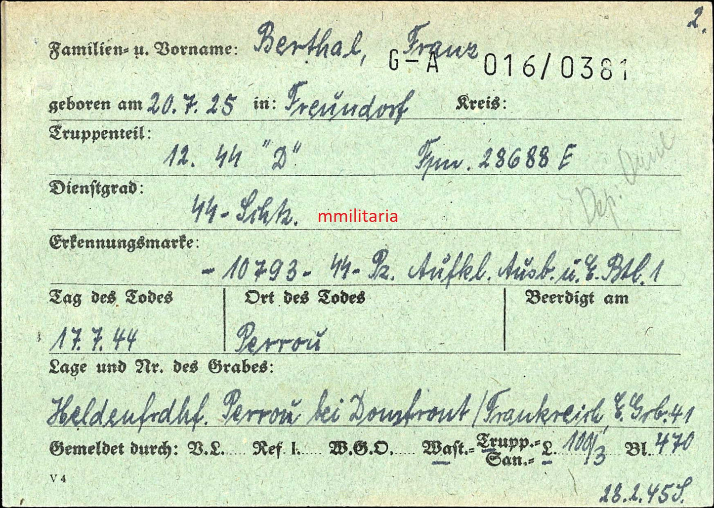 Sterbebild SS-Grenadier Freundorf 12. SS Panzer Gren. Division Perrou Normandie Invasionsfront Frankreich