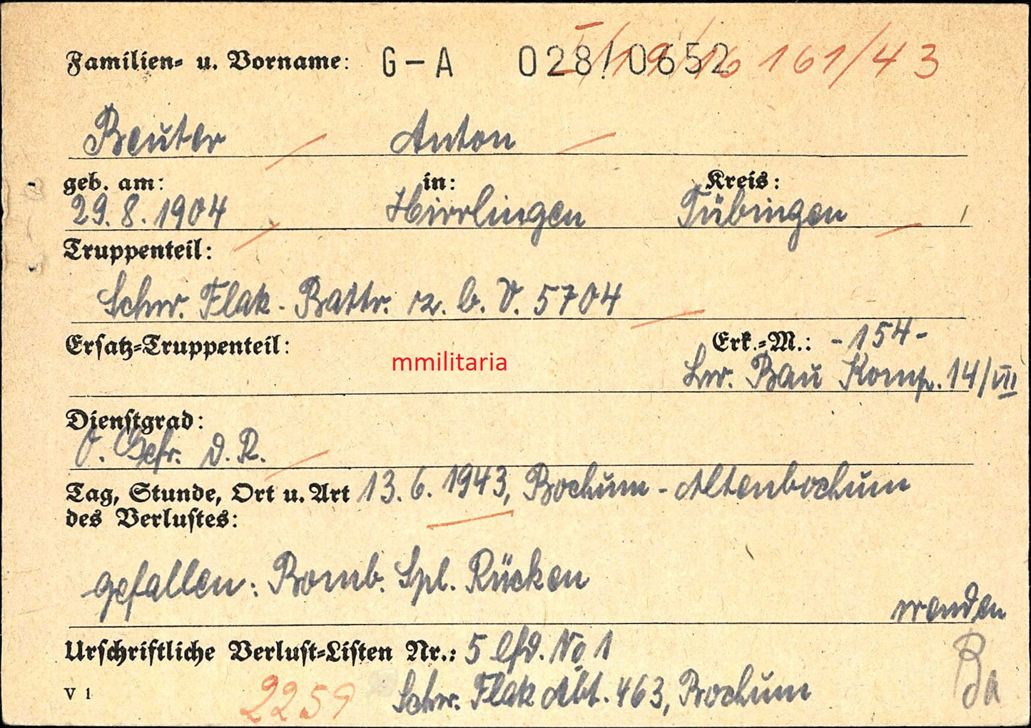 Sterbebild Obergefreiter Hirrlingen schwere Flak Batterie 12 Engl. Fliegerangriff Bochum