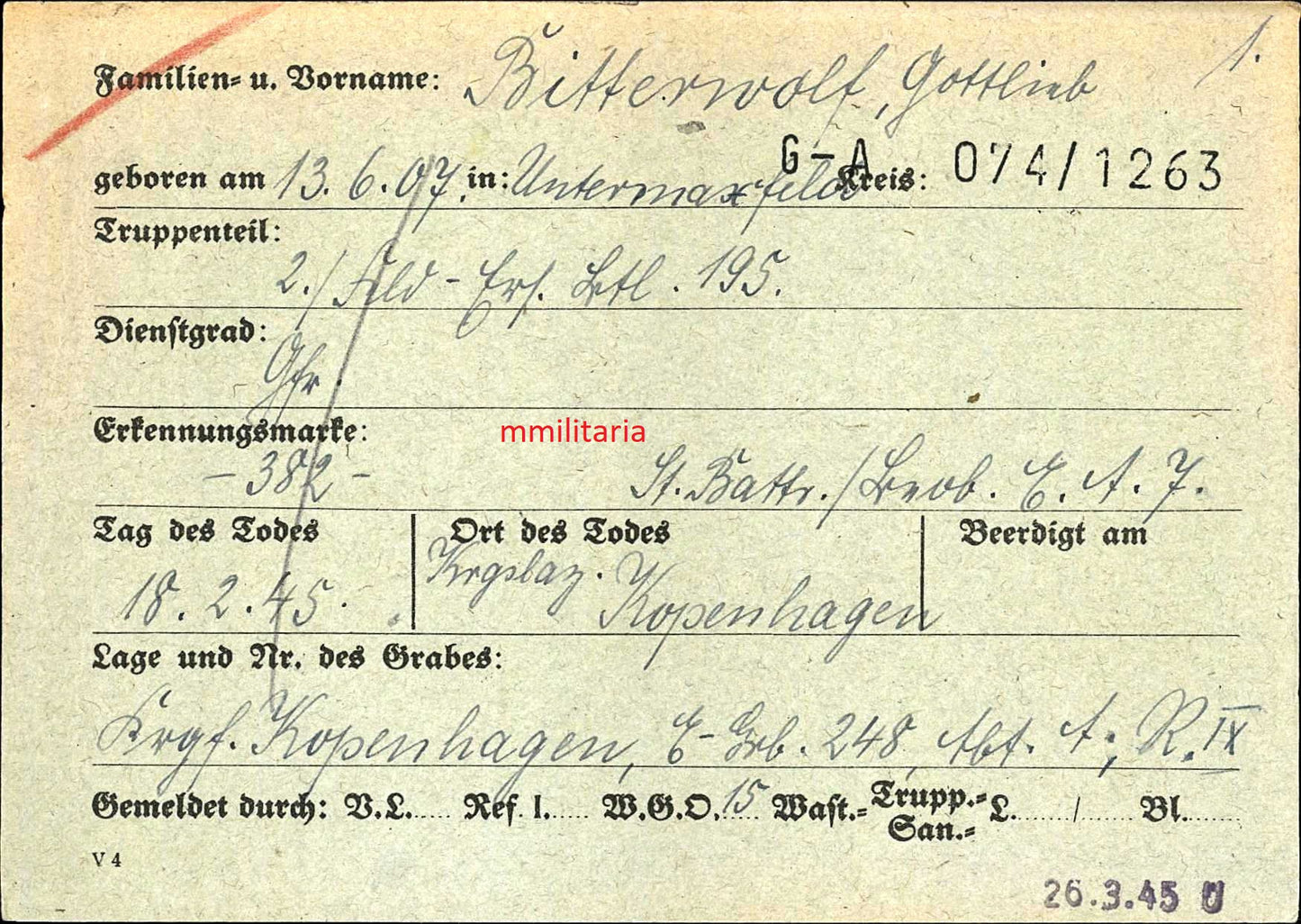 Sterbebild Gefreiter Untermaxfeld 2. Feld-Ersatz Btl. 195 Endkampf Kopenhagen Dänemark