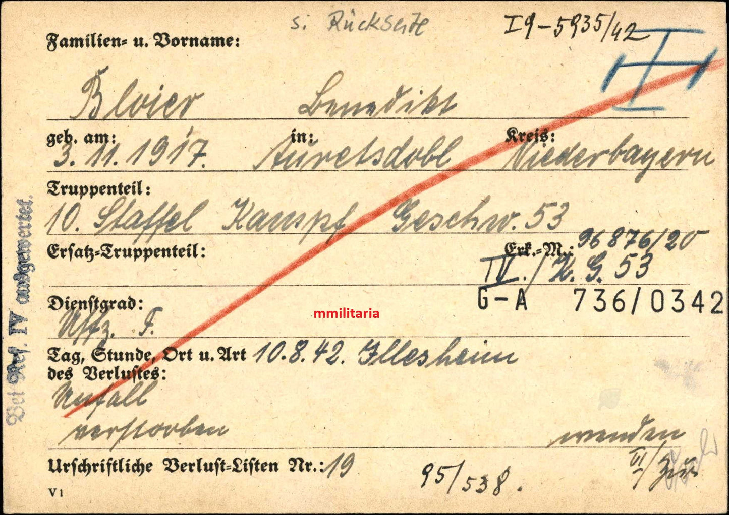 Sterbebild Unteroffizier Auretsdobl Pilot 10./KG-53 "Legion Condor" LC Illesheim Deutschland - www.mmilitaria.com