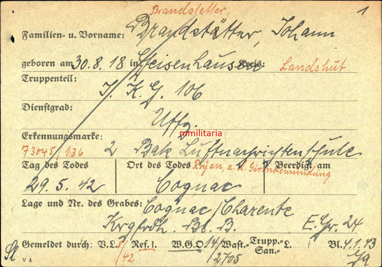 Sterbebild Unteroffizier Geisenhausen Bordfunker 2./KG-106 England Cognac Berneuil Frankreich