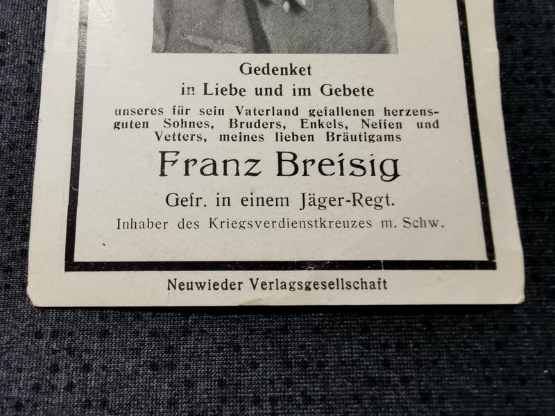 Sterbebild Gefreiter 15. Jäger Regt. 228 KvK mit Schwertern Stanislaus Potelytsch Ukraine - www.mmilitaria.com