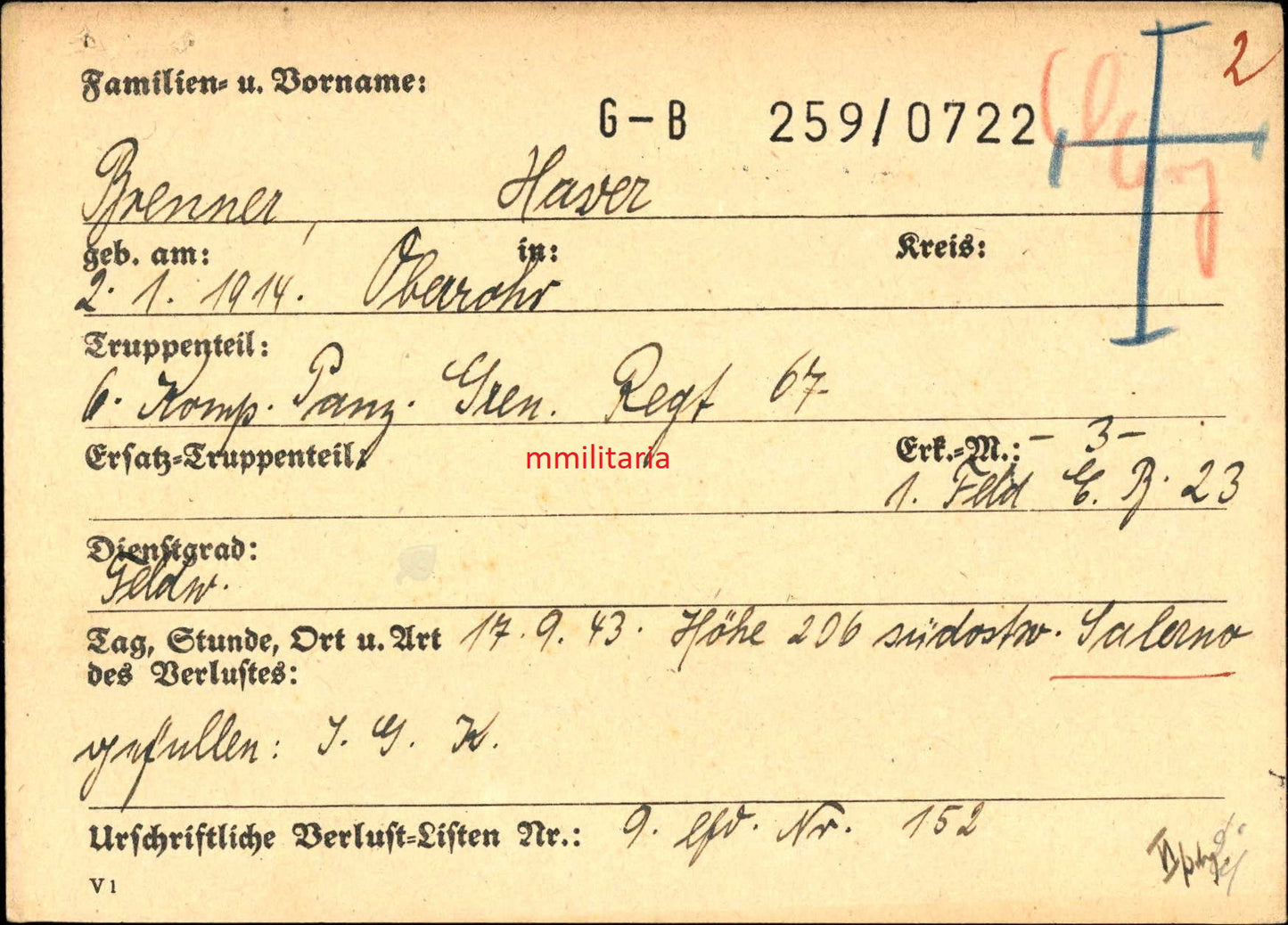 Sterbebild Oberfeldwebel & Zugführer Oberrohr 6. Komp. Pz.-Gren. Regt. 67 Salerno Italien