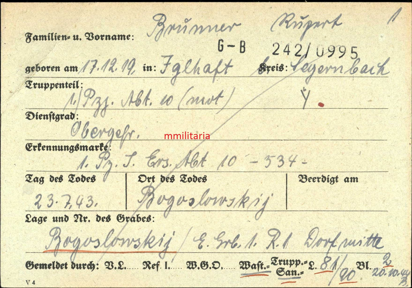 Sterbebild Obergefreiter Iglhaft 1. Panzerjäger Abt. 10 (Mot) Orel Russland