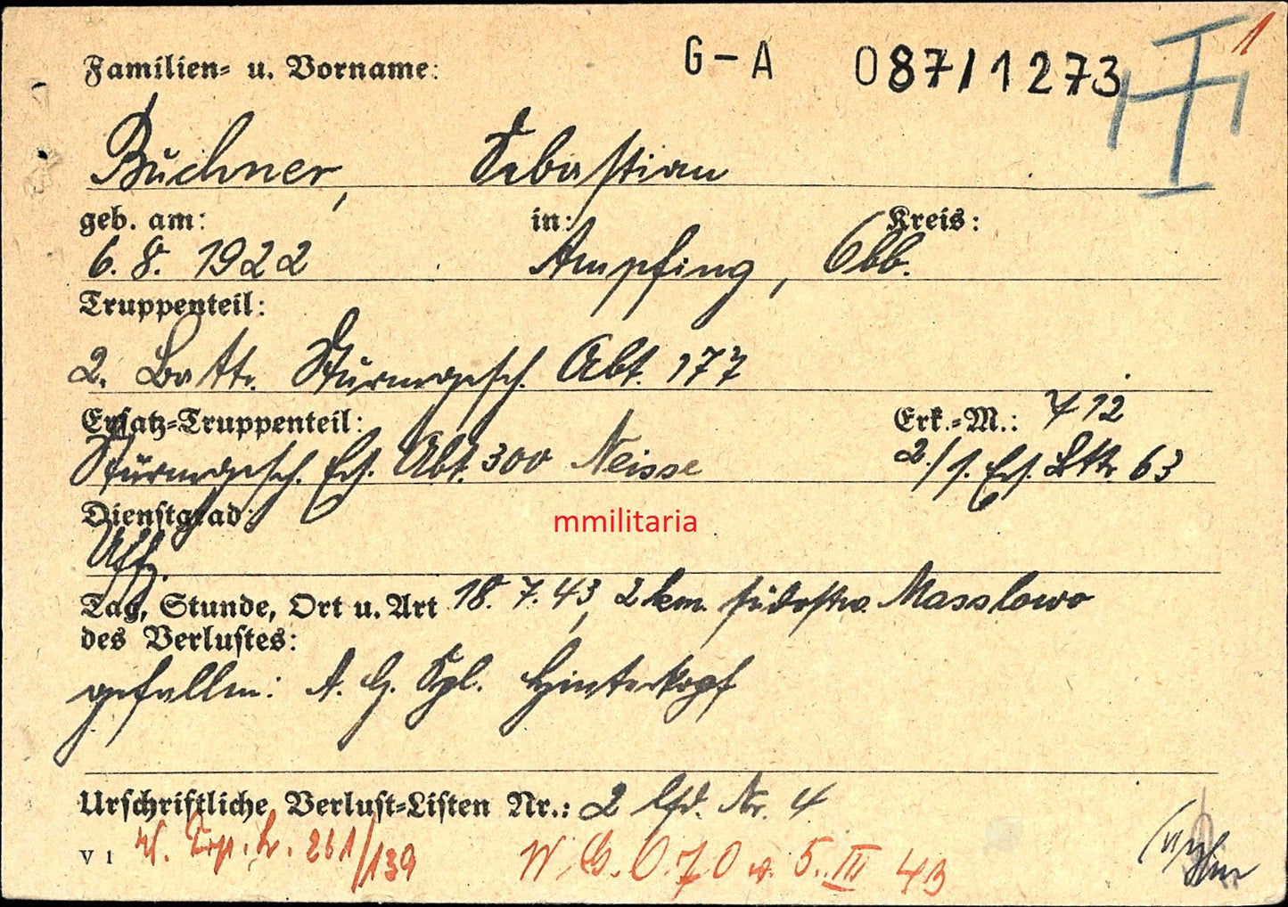 Sterbebild Unteroffizier Ampfing 2. Batterie Sturmgeschütz Abt. 177 PSA Masslowo Russland