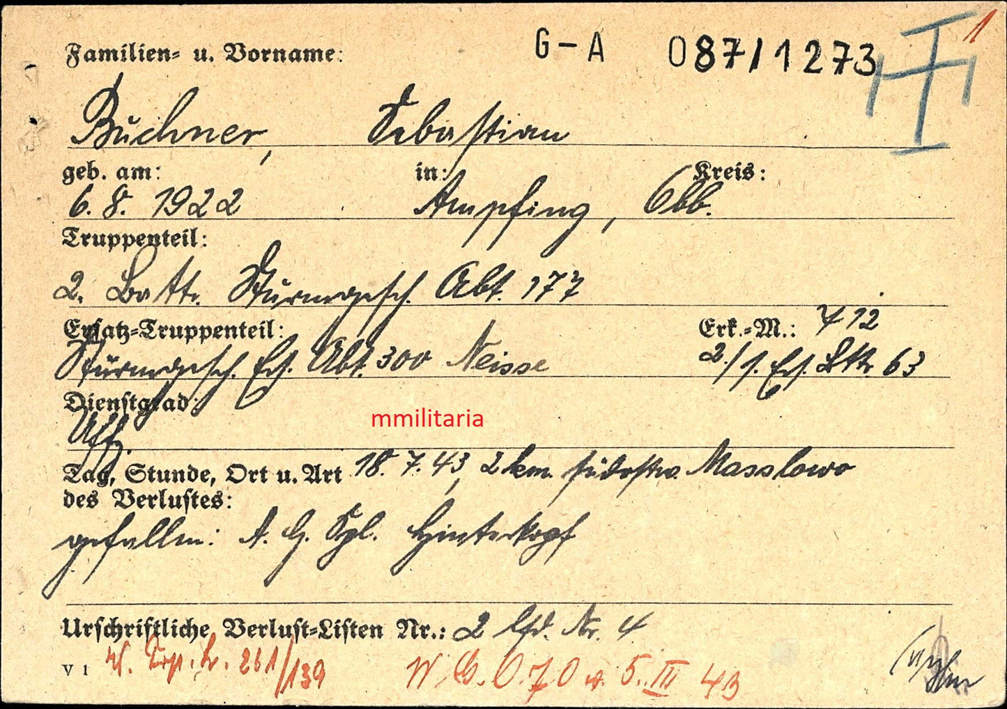 Sterbebild Unteroffizier Ampfing 2. Batterie Sturmgeschütz Abt. 177 PSA Masslowo Russland