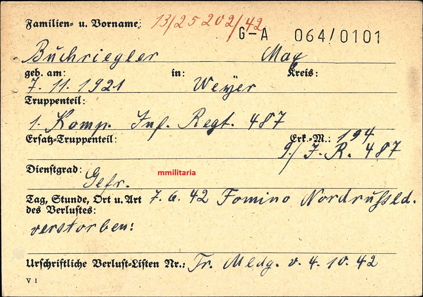 Sterbebild Gefreiter Weyer 1. Komp. Inf. Regt. 487 Fomino Nord Russland