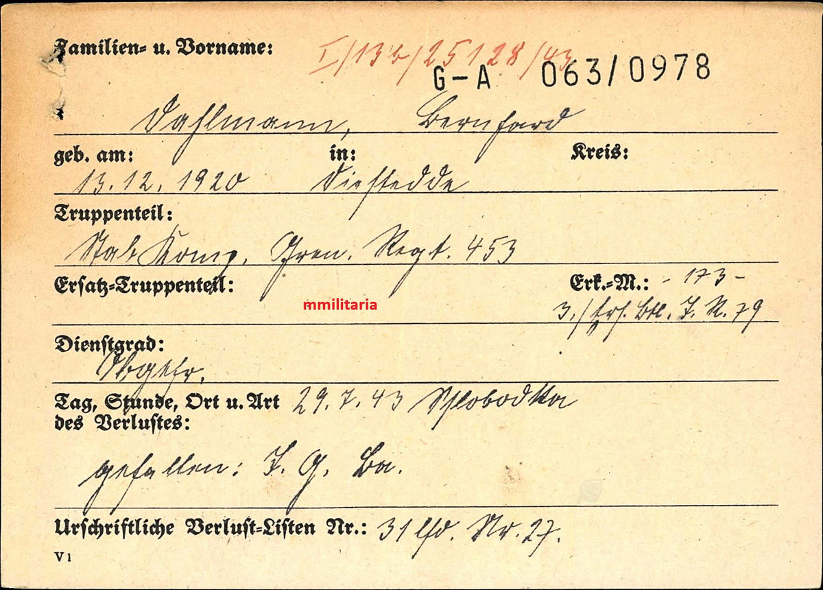 Sterbebild Obergefreiter Diestedde Stab Komp. Gren. Regt. 453 Slobodka Russland