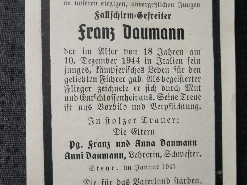 Sterbebild Gefreiter Steyr 1. Komp. Fallschirmjäger Regt. 4 18 Jahre Poggio Futa-Pass Italien