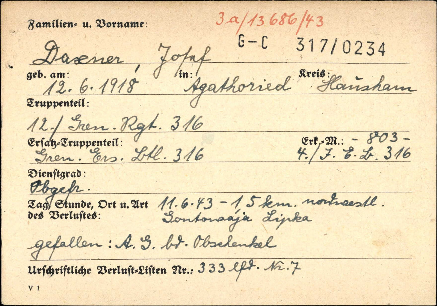 Sterbebild Obergefreiter Agatharied 12. Gren. Regt. 316 Ladogasee Lipka Russland