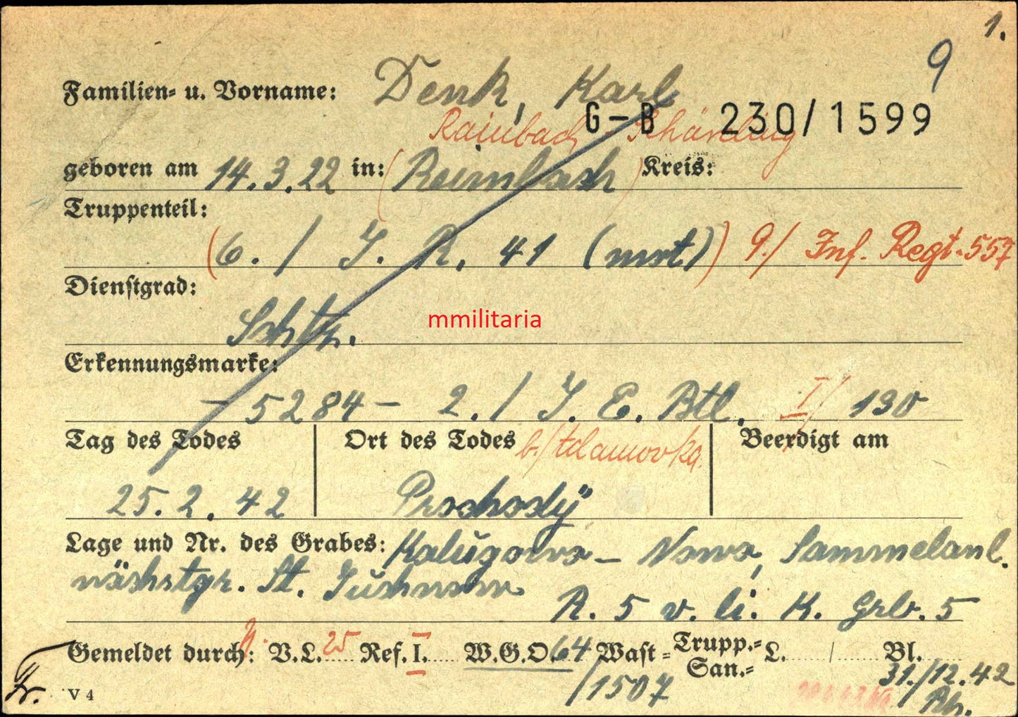 Sterbebild MG-Schütze Rainbach 9. Inf. Regt. 559 Adamowska Russland