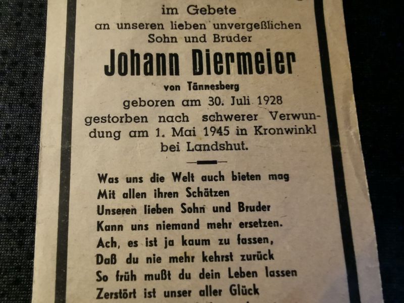 Sterbebild Gefreiter Volkssturm 17 Jahre Endkampf Mai 1945 Kronwinkl Landshut Bayern Deutschland - www.mmilitaria.com