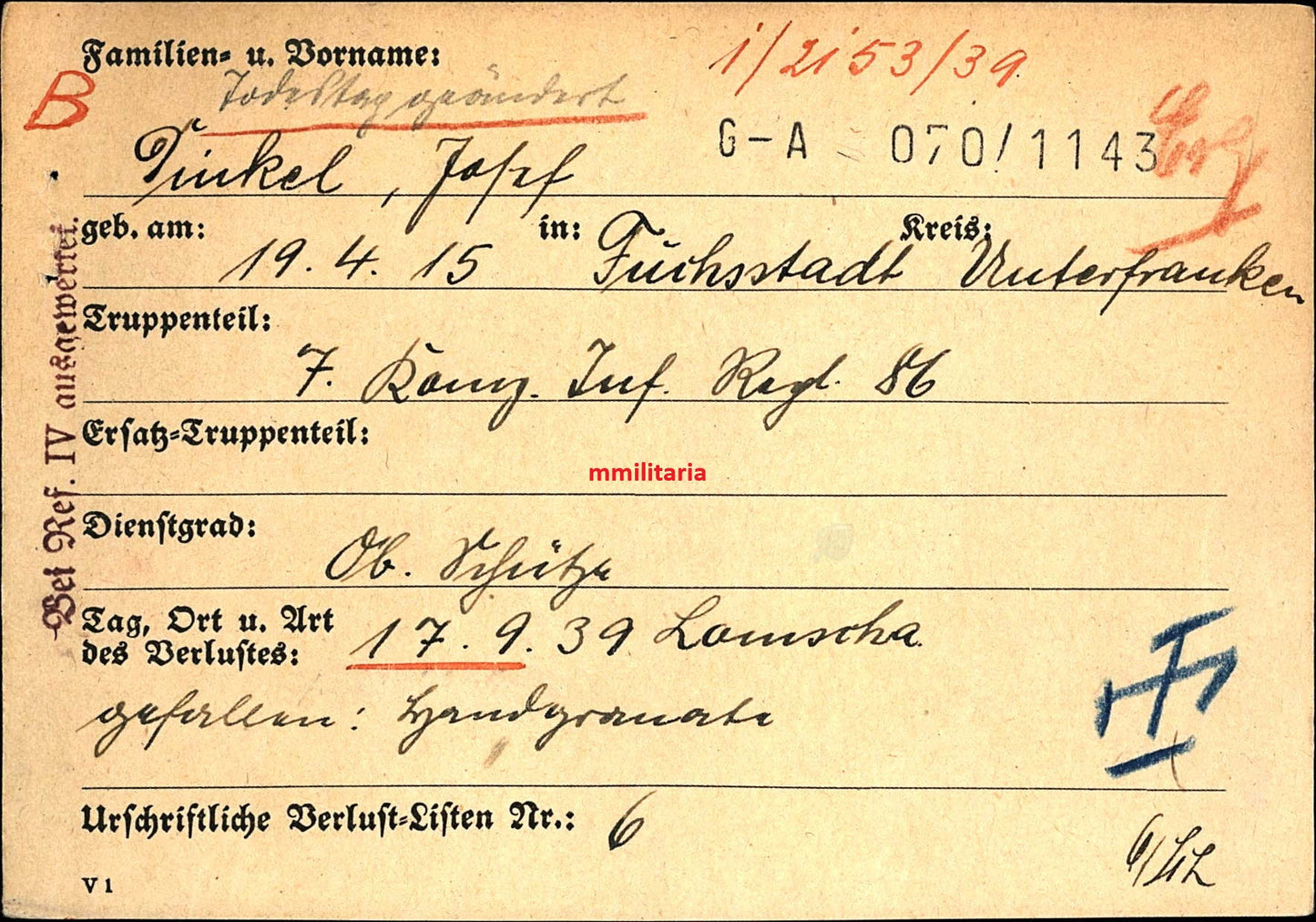 Sterbebild Oberschütze Fuchsstadt 7. Komp. Inf. Regt. 86 Łomża Polen 1939 - www.mmilitaria.com