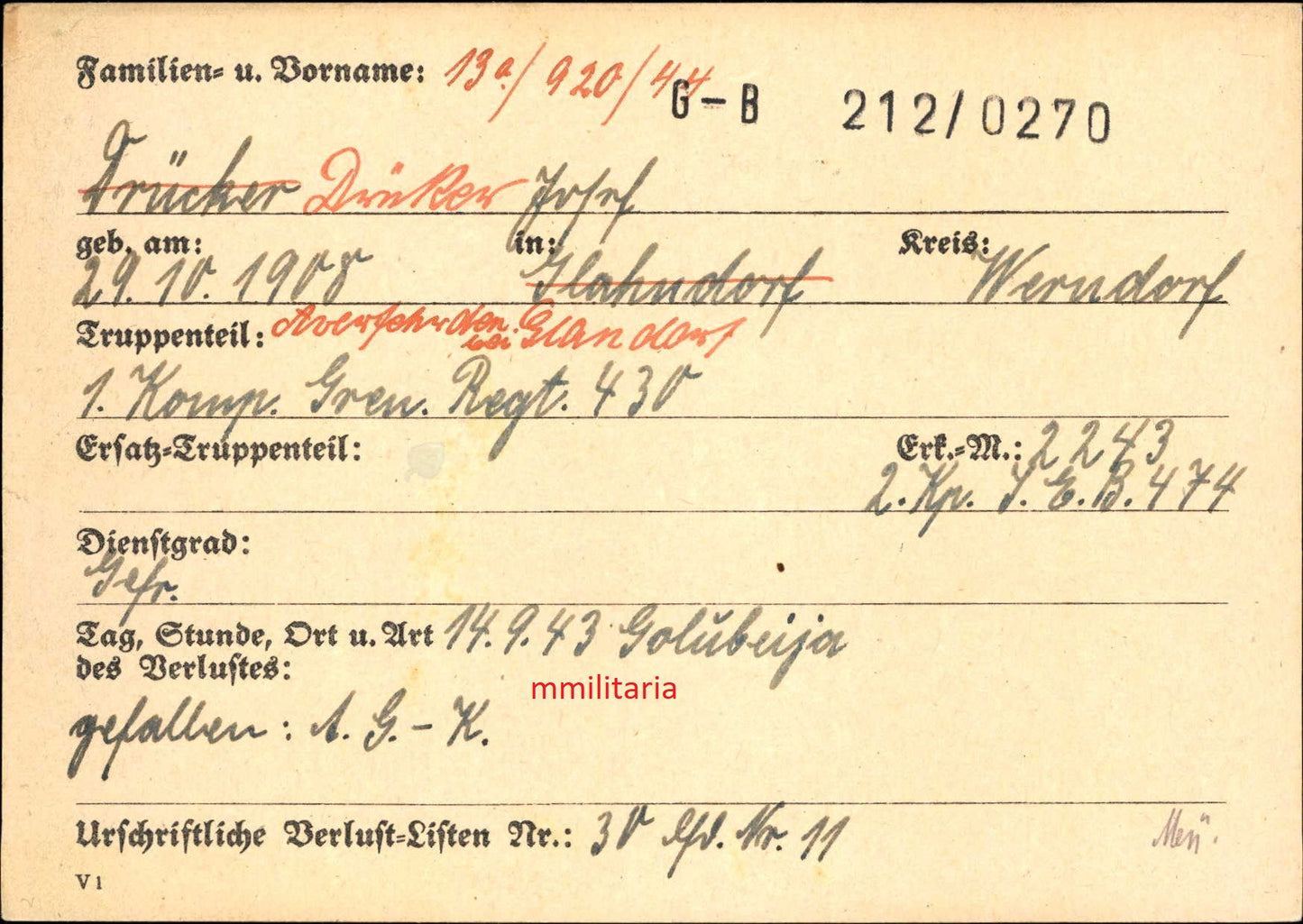 Sterbebild Gefreiter Glandorf 1. Komp. Gren. Regt. 430 Golubeja Russland