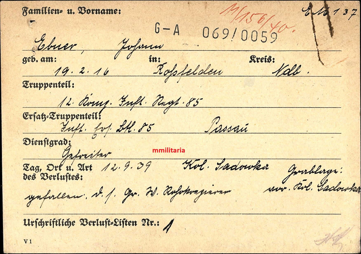 Sterbebild Gefreiter Roßfelden 12. Komp. Inf. Regt. 85 Sadowka Polen 12.09.1939