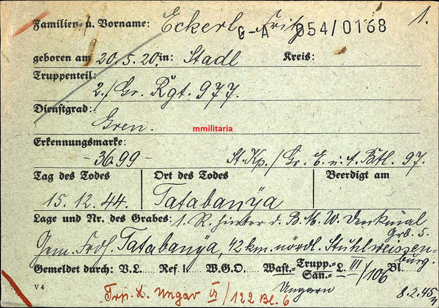 Sterbebild Grenadier Stadl 2. Gren. Regt. 977 Tatabanya Ungarn - www.mmilitaria.com