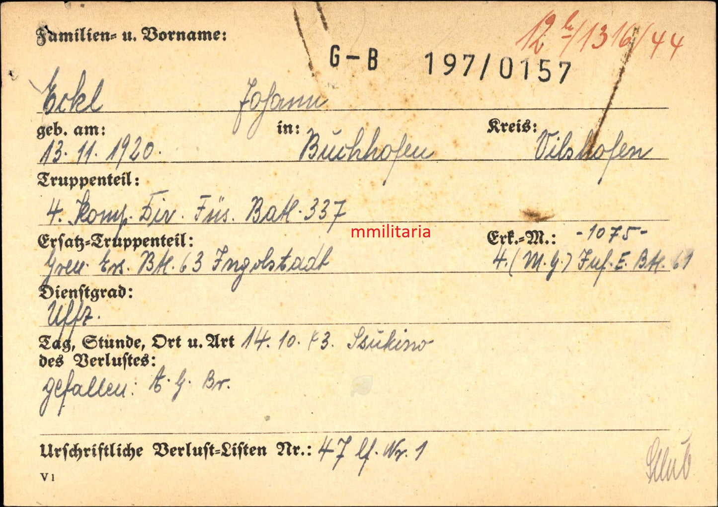 Sterbebild Brüder Buchhofen Soldat 2. Mot. San. Komp. 157 Alencon Frankreich Unteroffizier 4. Komp. Div. Füsilier Btl. 337 Ssukino