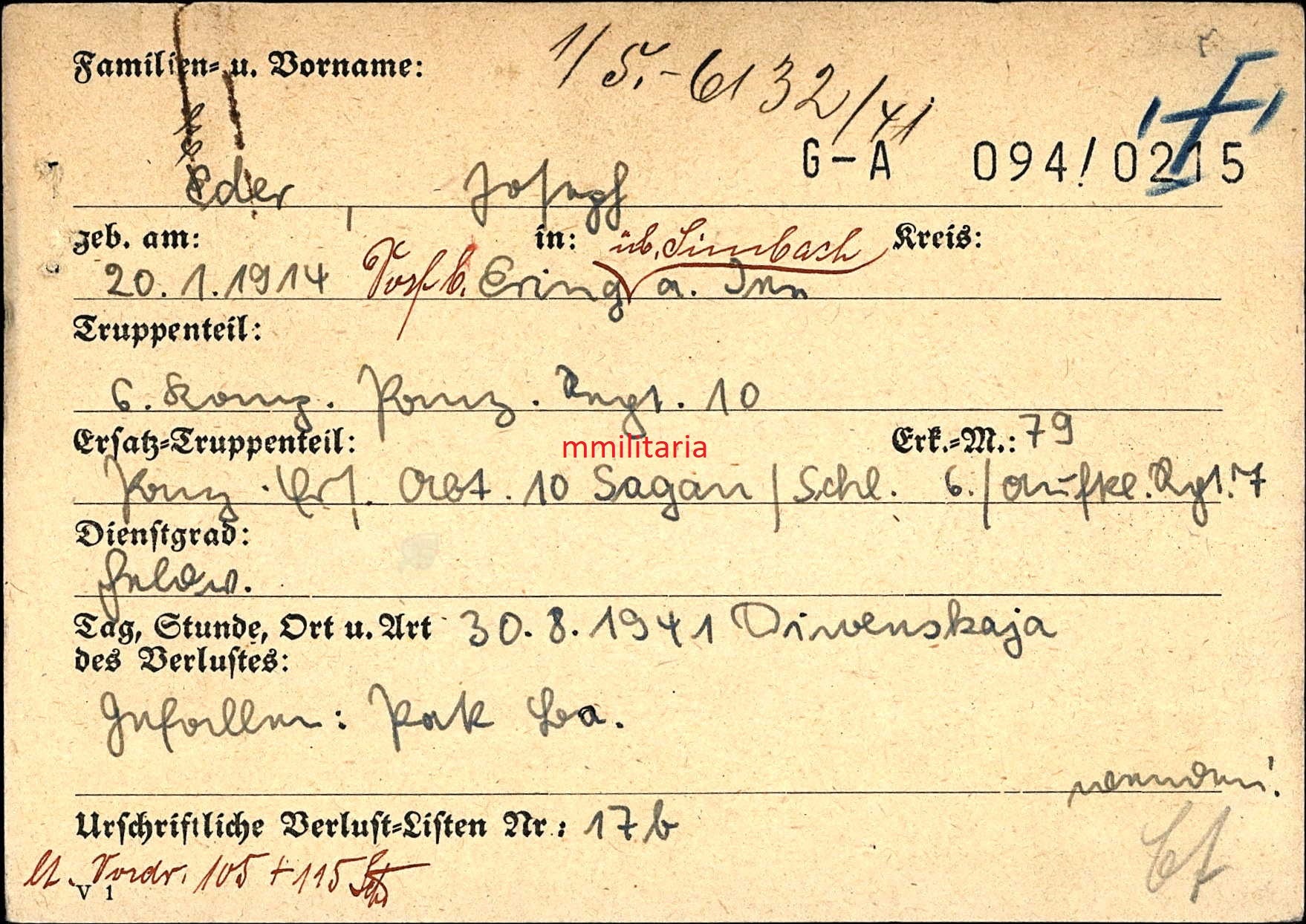 Sterbebild Feldwebel 6. Komp. Panz. Regt. 10 EK I&II PSA Panzermütze früh Diwenskaja Russland - www.mmilitaria.com