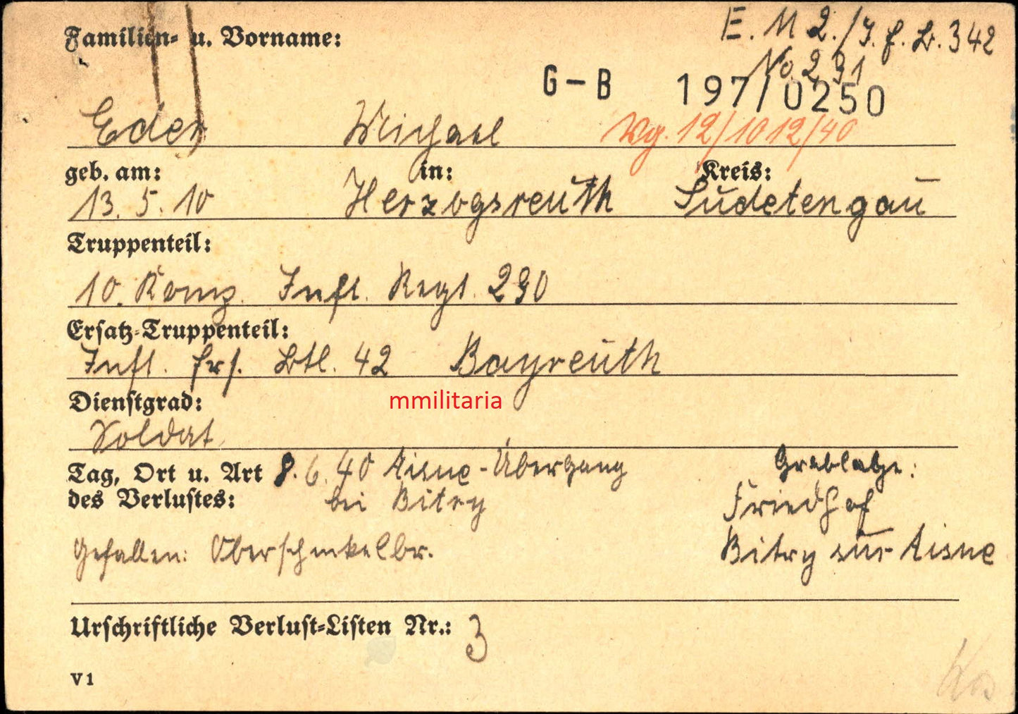 Sterbebild Schütze Herzogsreuth 10. Komp. Inf. Regt. 290 Asine-Kanal Bitry Frankreich
