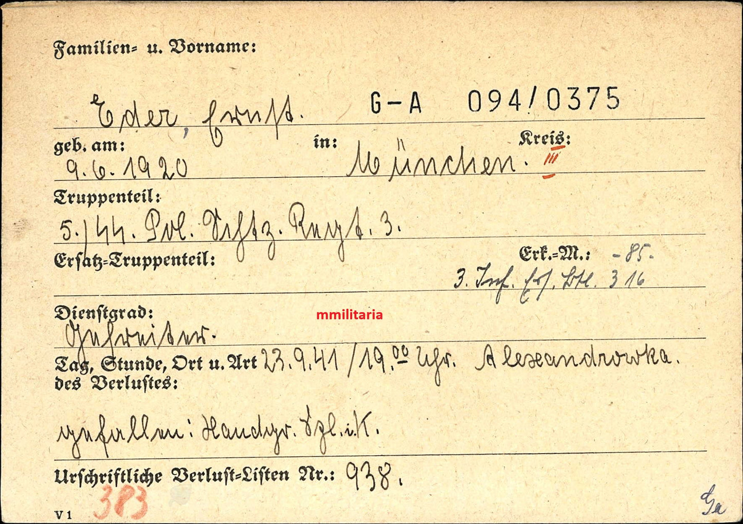 Sterbebild Gefreiter München 5. SS-Polizei-Schützen Regt. 3 Alexandrowka Russland