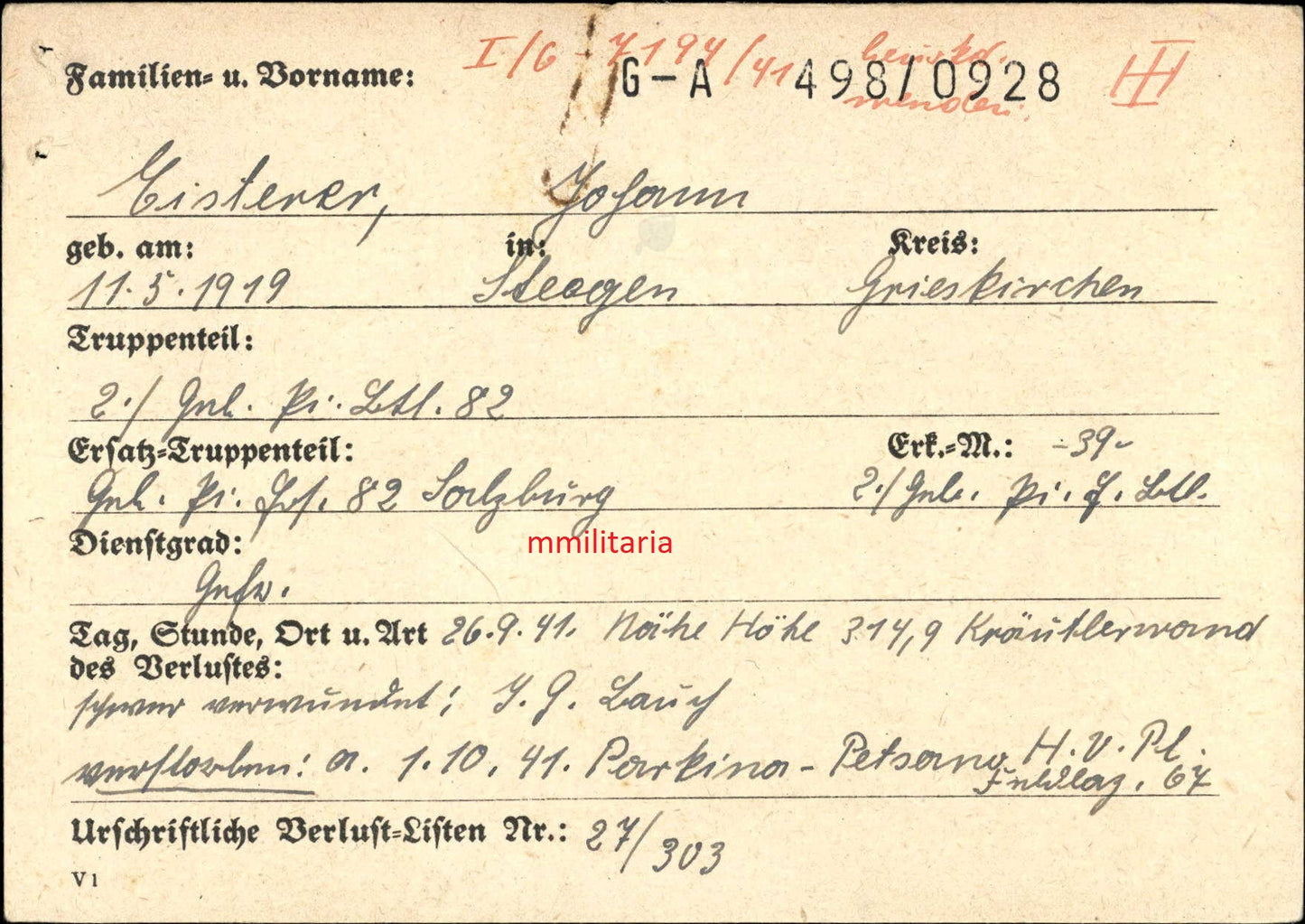 Sterbebild Gefreiter Peuerbach 2. Gebirgs-Pionier Btl. 82 Parkina Kräutlerwand Finnland