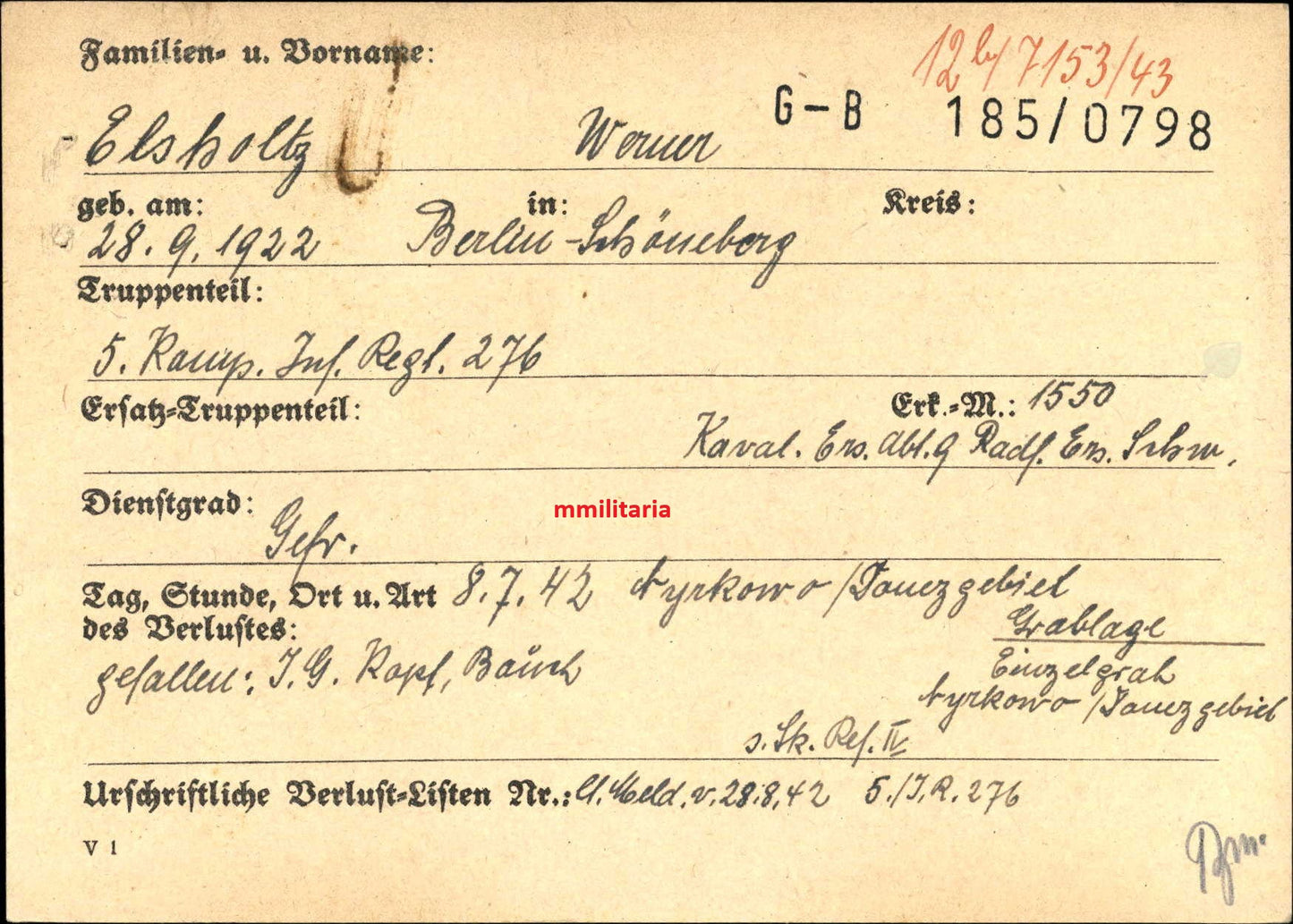 Sterbebild Groß Gefreiter Berlin-Schöneberg 5. Komp. Inf. Regt. 276 Donezgebiet