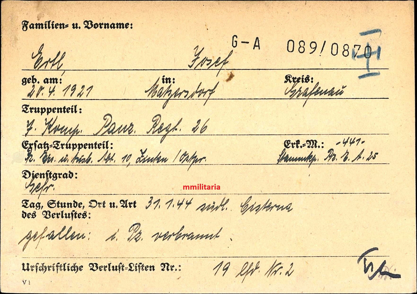 Sterbebild Gefreiter Matzersdorf 7. Komp. Panzer Regt. 26 Cisterna Nettuno Pomezia Italien