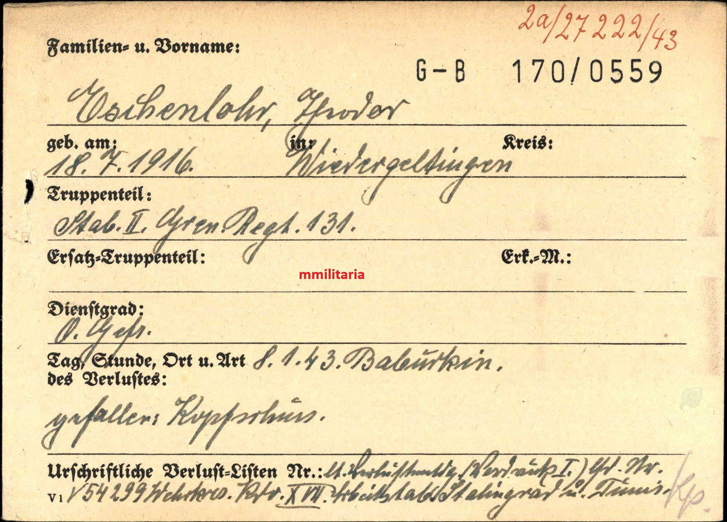 Sterbebild Obergefreiter Wiedergeltingen Stab II Gren. Regt. 131 Stalingrad Russland