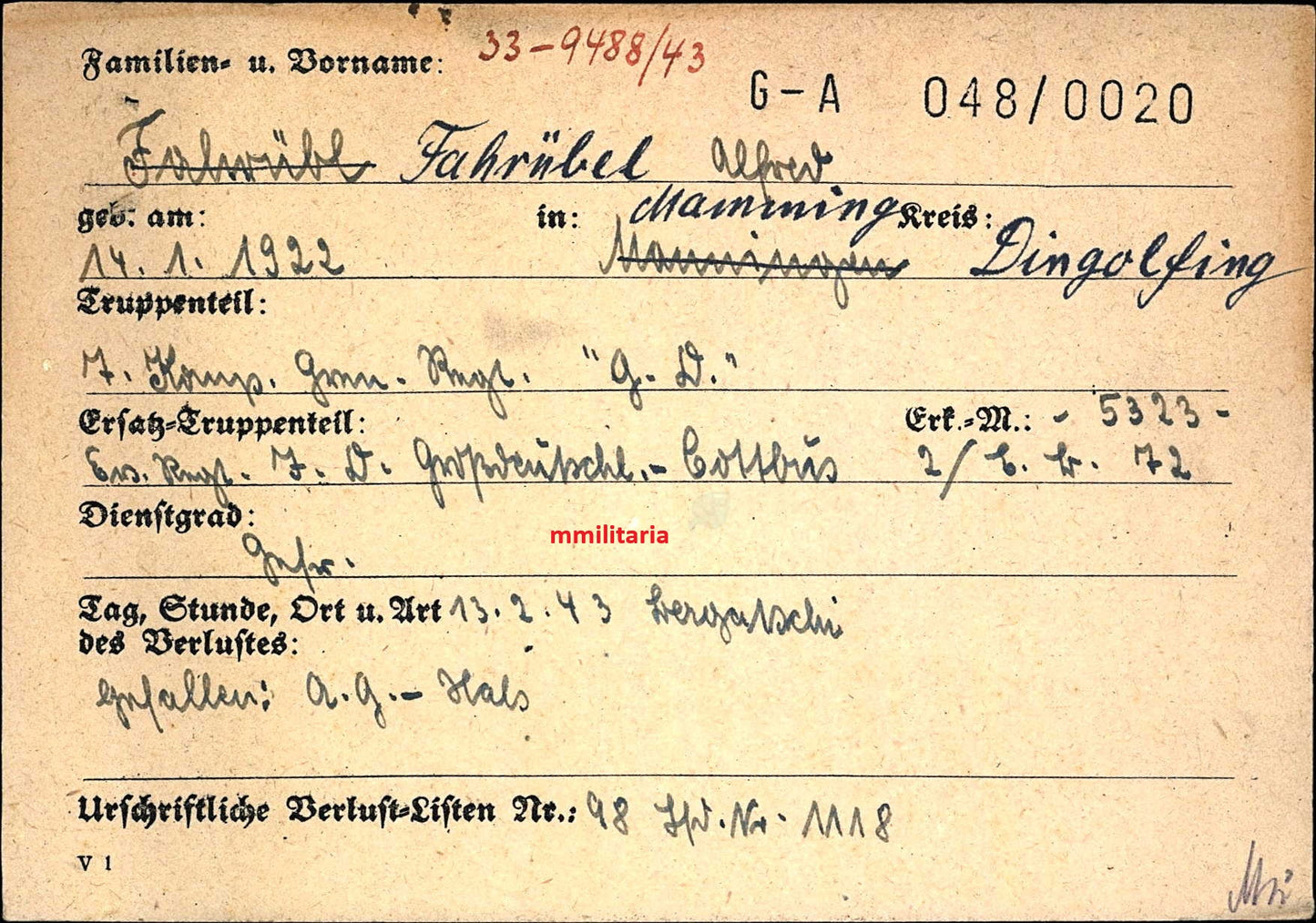 Sterbebild Gefreiter Mamming 7. Komp. Gren. Regt. "Großdeutschland" GD Charkow Ukraine