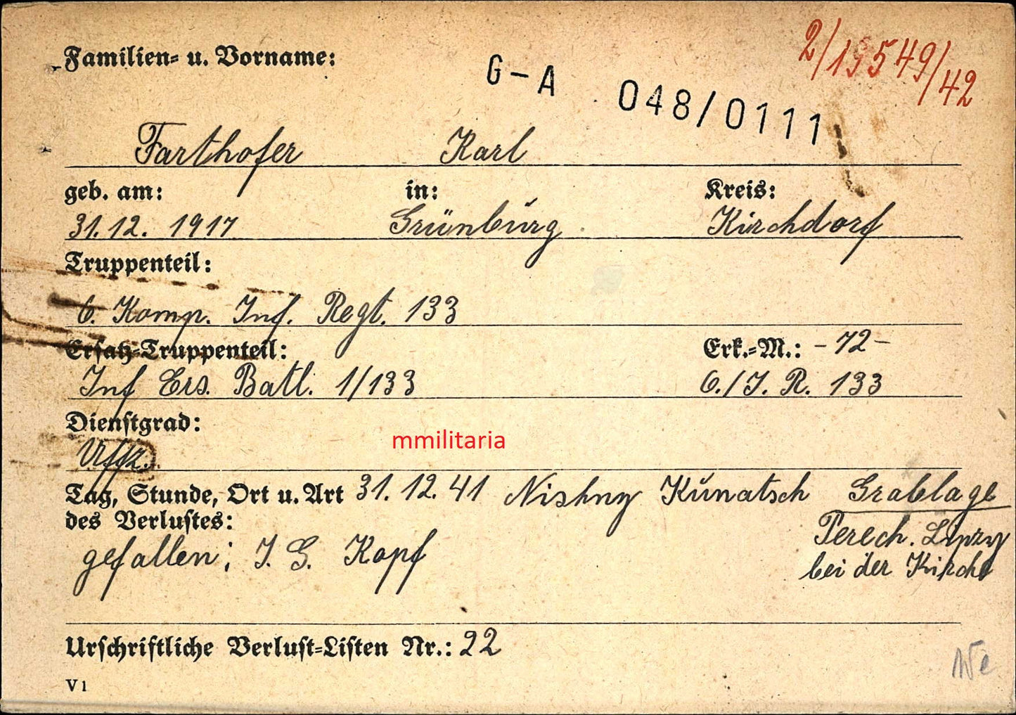 Sterbebild Unteroffizier Grünburg 6. Komp. Inf. Regt. 133 SA Oberscharführer Ostmark Medaille Nishny Kunatsch Russland