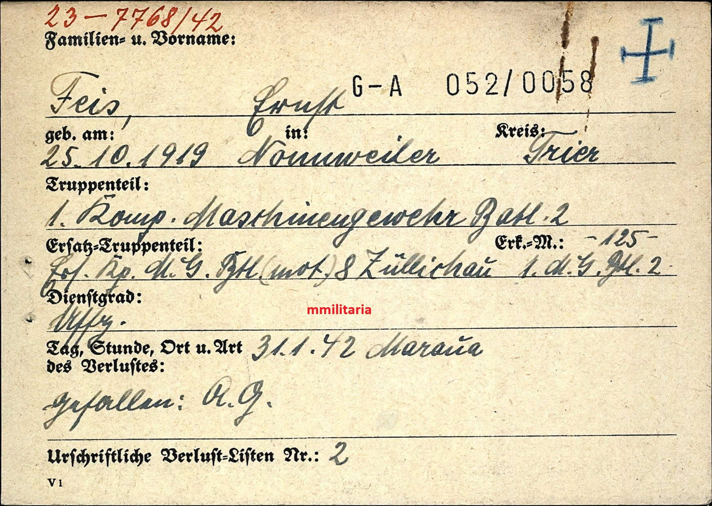 Sterbebild Unteroffizier Nonnweiler Gewehrführer 1. Komp. MG Btl. 2 DAK Maraua Tobruk Libyen